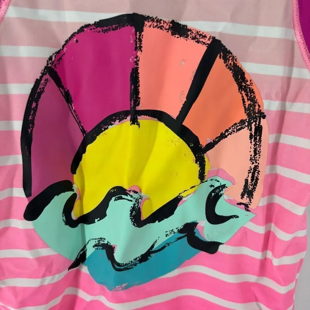 OshKosh B'gosh Kid's Red Pink Striped Ocean Print Swim Shirt Top Size 8